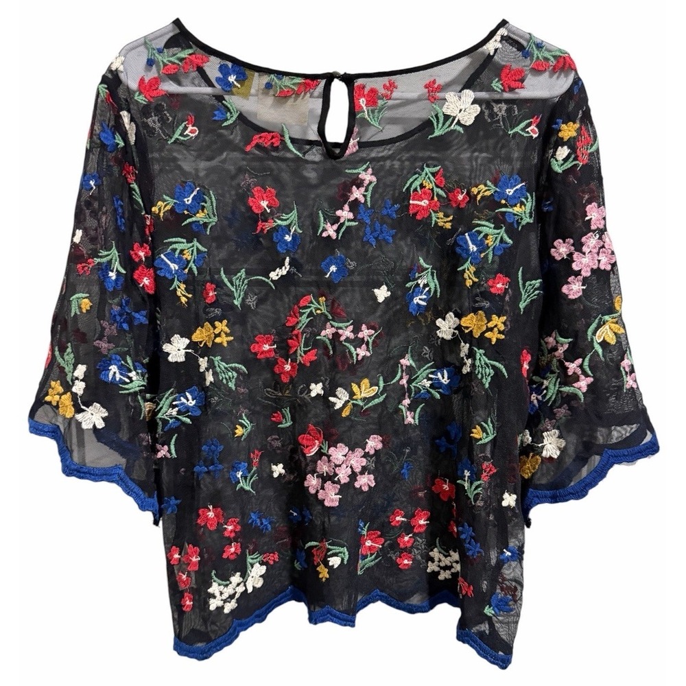 Anthropologie Maeve Meadows Black Sheer Colorful Embroidered Flowers Top Size M - Picture 2 of 11
